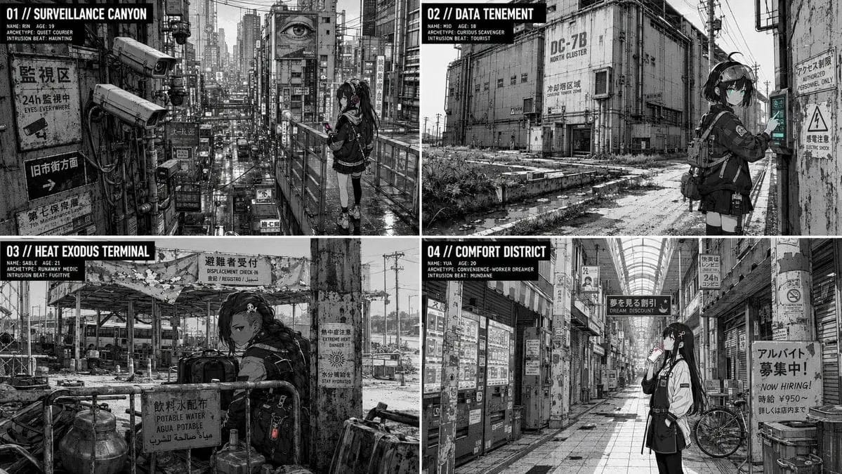 2x2 grid, 16:9, 4 AI inferred dystopian subjects,topics