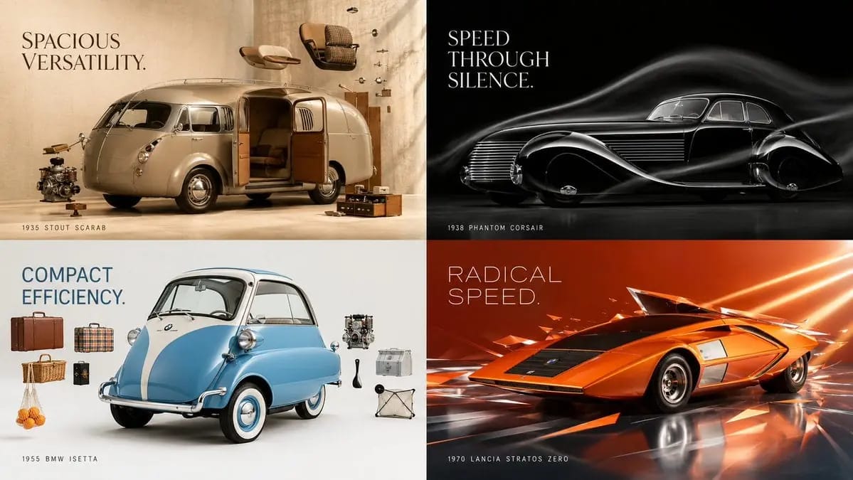 2x2 grid, 16:9, do this for unusual classic cars
