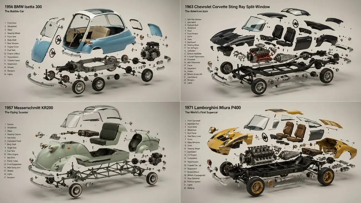 2x2 grid, 16:9, do this for 4 unusual classic cars that were