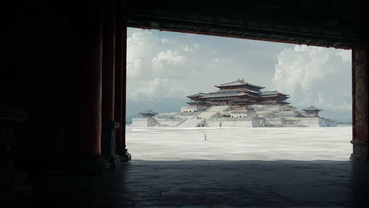 唐风幻想+幻想风+意境感， 宏伟中式建筑，云海