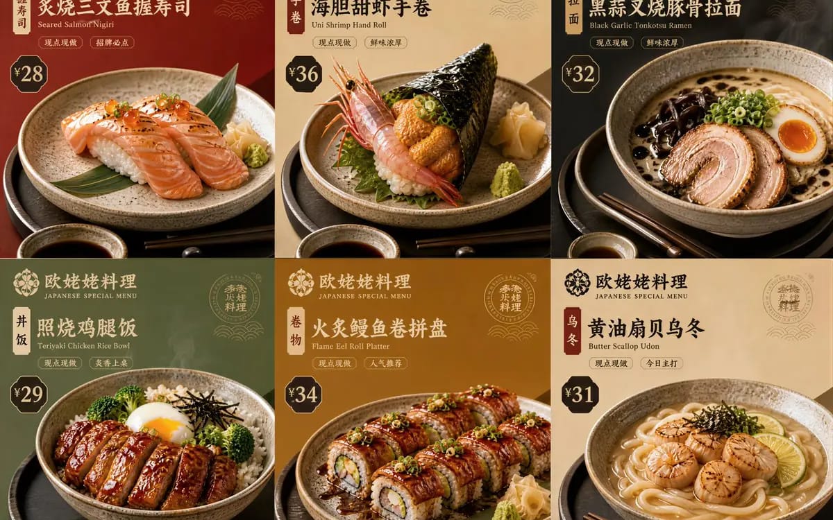 Create an ultra-premium flagship 6-panel commercial food