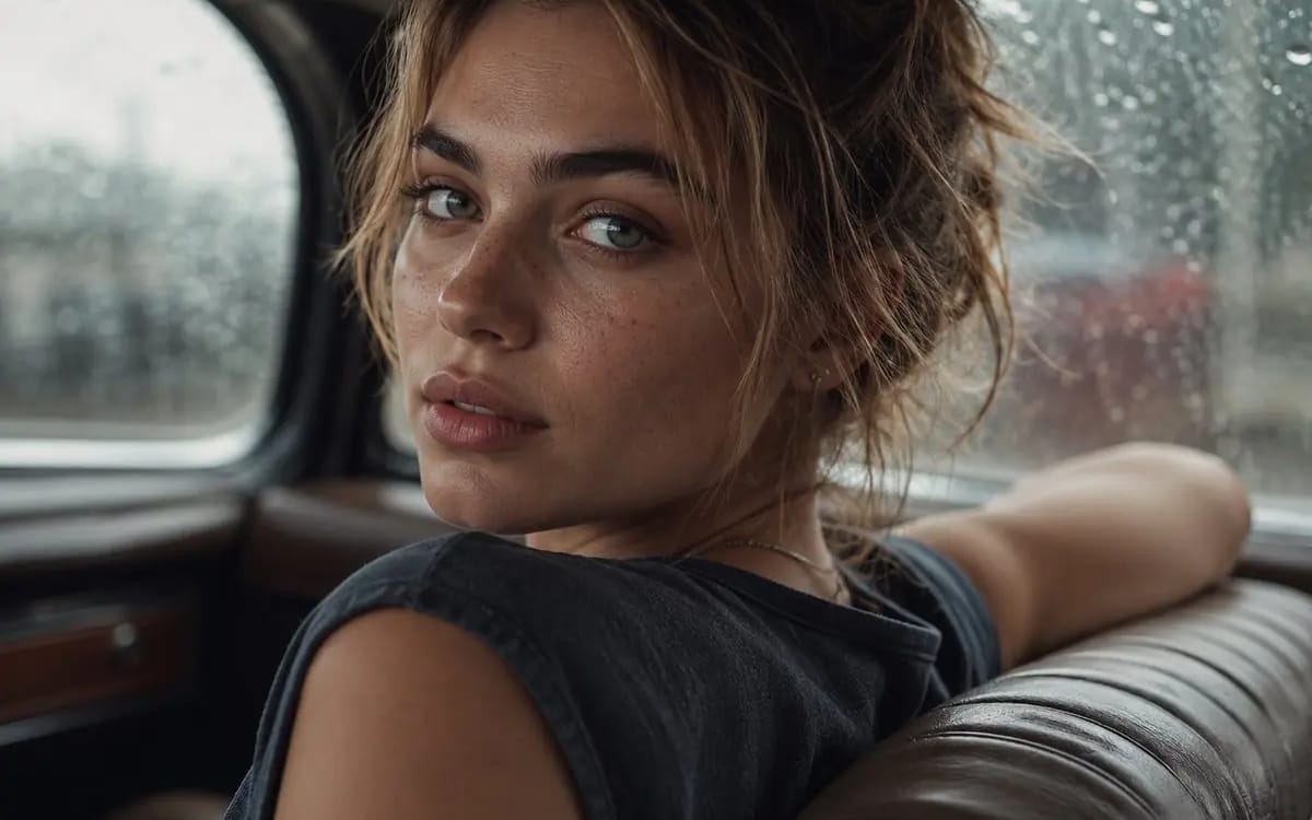 Photorealistic close-up over the shoulder portrait