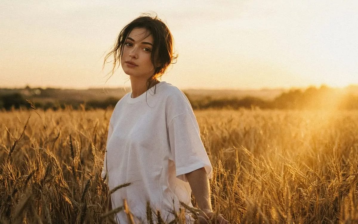 Warm golden hour film portrait, young woman walking slowly