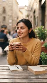 Cinematic medium shot of a thoughtful young woman seated