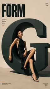 Create a 9:16 high-fashion editorial poster where one person