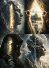 Create a same-series four-panel cinematic surreal fantasy