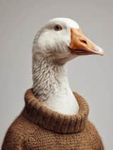 A portrait of a white goose wearing a knit Color sweater