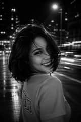 A black and white cinematic photograph of a young woman