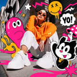 A vibrant, mixed-media urban photography portrait