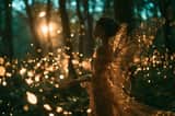 An Enchanted Forest scene with Subject surrounded by Firefly