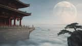 唐风幻想+幻想风+意境感， 宏伟中式建筑，云海