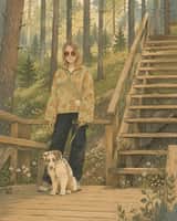 Whimsical storybook illustration of a young woman with short