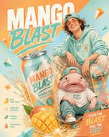 Pastel pop advertising illustration of Human beside a tilted