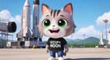 Render 3D de una mascota de gato humanoide Chibi en el sitio de lanzamiento de SpaceX