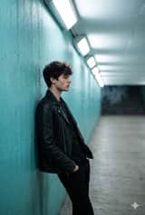 Cinematic Full Shot of a Man in a Turquoise Tunnel
