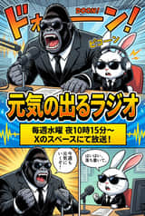 Ad manga for a radio show with a gorilla and rabbit
