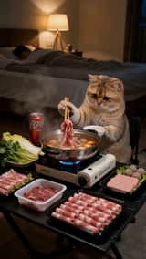 ぽっちゃりした金色の短毛猫が中華料理を食べている