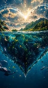 Cinematic heart-shaped ocean split view