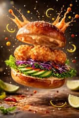 Cinematic Mid-Air Shrimp Burger Photo Prompt