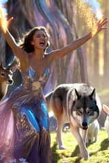 Dark Skinned Woman and Wolf Defending Nature