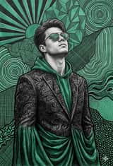 Emerald and Charcoal Mixed-Media Pop Realism Portrait Prompt