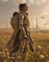 Futuristic Warrior Mother in Flower Field-2