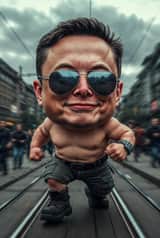 Bebê gigante Elon Musk dançando em uma rua urbana europeia