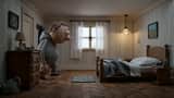 Hyperrealistic miniature diorama of a clay figure collapsing on a bed