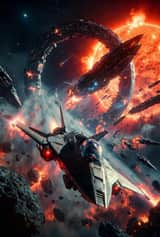 スターファイターとエイリアンのバトルステーションによる激しい宇宙戦闘シーン