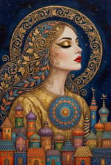Intricate Fantasy Woman Profile and Cityscape
