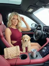 Luxury Car Portrait with Puppy Companion (Red Dress)