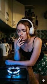 Retratos Cinematográficos Sombrios em uma Cozinha com o Brilho Neon do Fogão a Gás