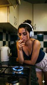 Retratos Cinematográficos Sombrios em uma Cozinha com o Brilho Neon do Fogão a Gás