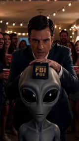 Multi-Shot Cinematic Scene: FBI Agent and Alien at a Party
