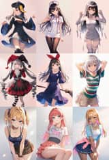 Nine-character group scene in living room background