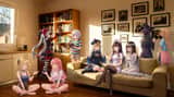 Nine-character group scene in living room background