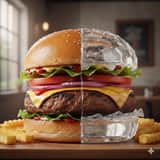 Photorealistic Hamburger Half Glass, Half Normal