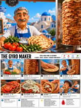 Animação estilo Pixar de um vendedor de giroscópio grego