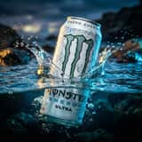 Product Ad: White Monster Energy Can Submerged in Water