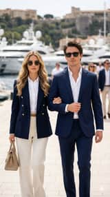 Quiet Luxury Couple on a Marina Promenade