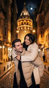Romantic Nighttime Piggyback in front of Galata Tower