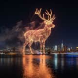 Santa Claus Fireworks over City Skyline