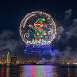Santa Claus Fireworks over City Skyline