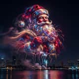 Santa Claus Fireworks over City Skyline