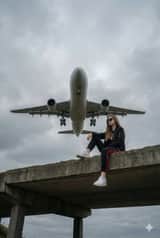 Surreal Low-Angle Portrait with Low-Flying Airplane Prompt