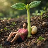 Surreal Macro-Fantasy: Tiny Man and Giant Bean Sprout
