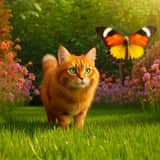 Tabby Cat Chasing a Butterfly in a Sunny Garden