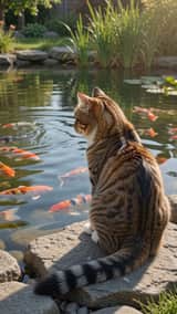 Tabby Cat Koi Pond Observation
