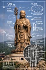 Technical schematic overlay on Ksitigarbha Bodhisattva statue