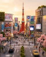 Diorama de Tokyo à effet Tilt-Shift au coucher du soleil